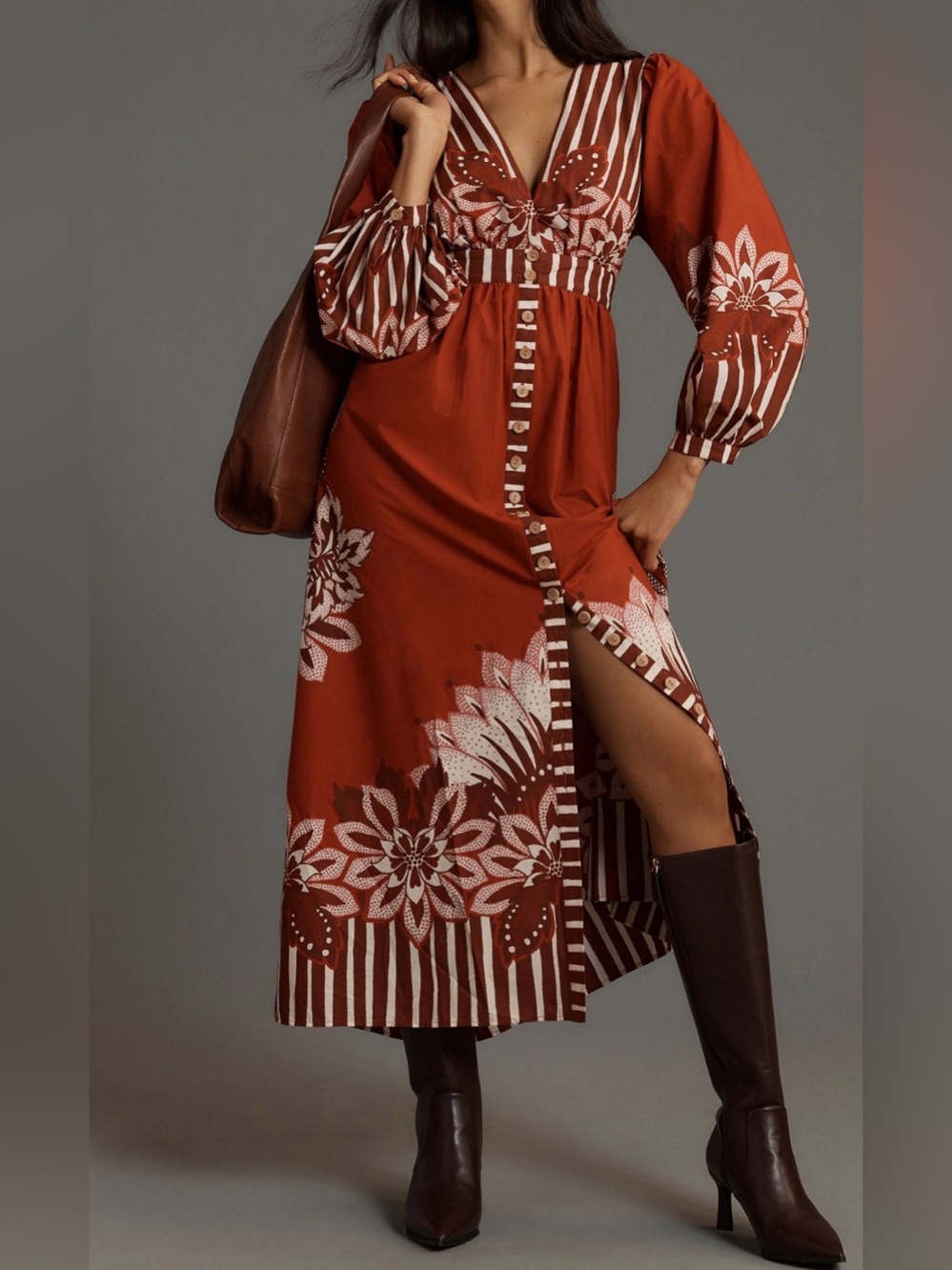 FARM Rio Dark Red and White Floral Midi Dress